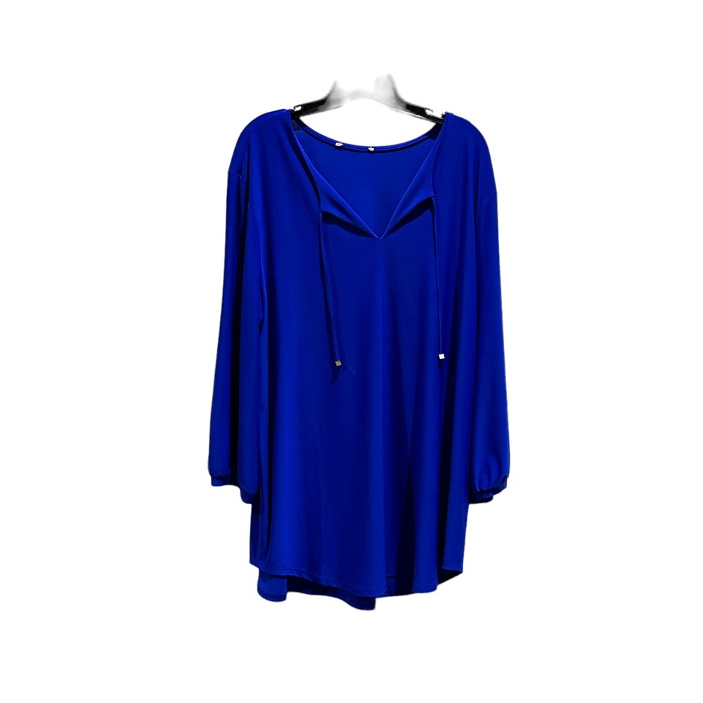 Cobalt Blue Flowy Tunic Dress 2X | Long Sleeve Drawstring Neckline
